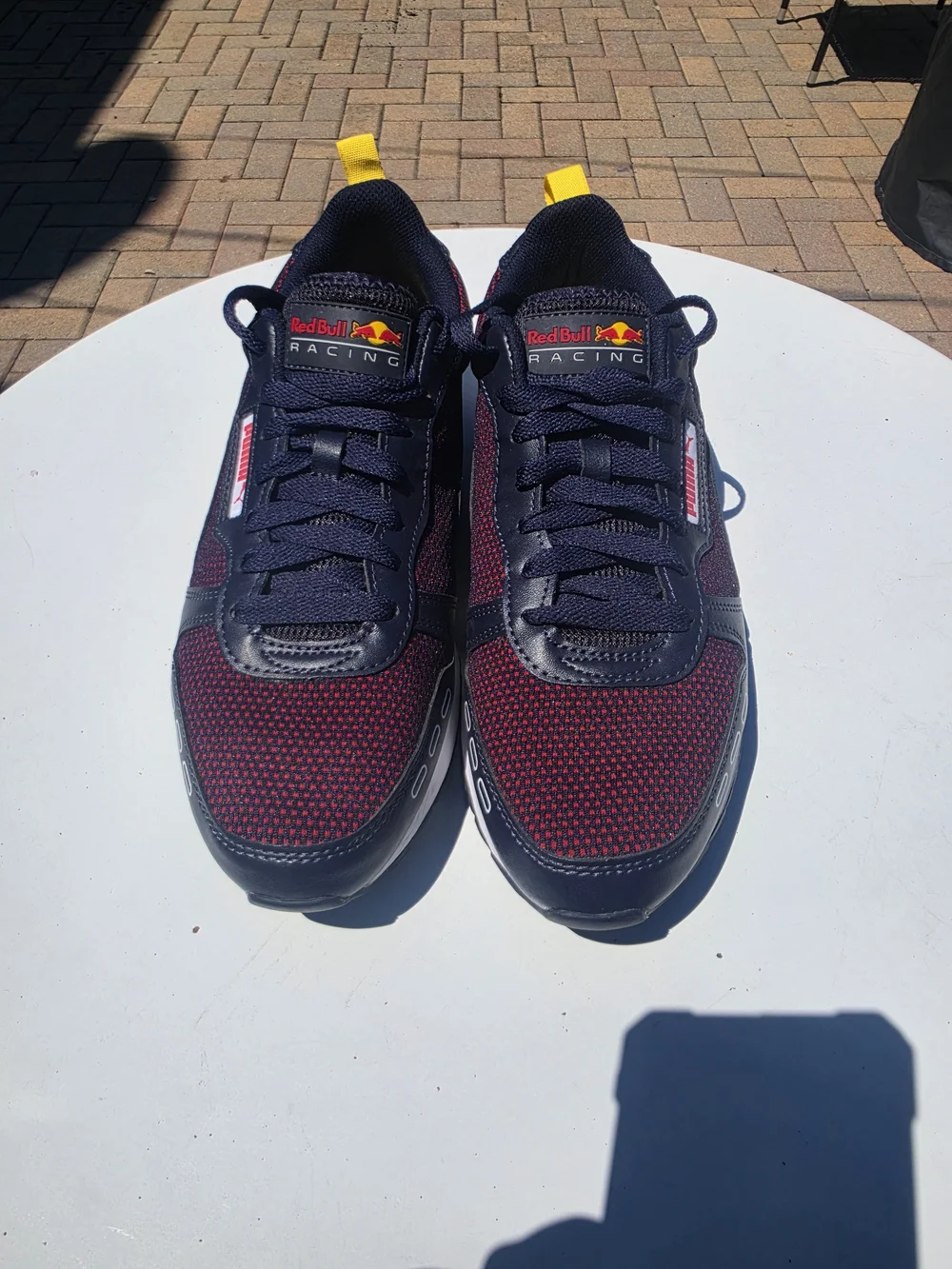 Puma Men’s Navy and Burgundy Sneakers with Yellow Accents
